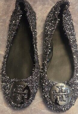 Tory Burch Black Metallic Tweed Logo Ballet Flats